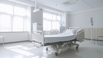 side view of a hospital bed in a hospital room with medical machines beside the bed, bright room