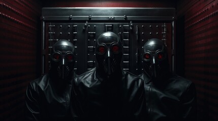three prisoners dressed in black with black masks on, the old fashion safe - obrazy, fototapety, plakaty