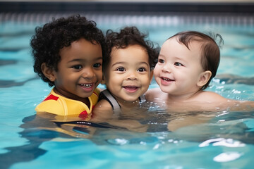 Diverse young children enjoying swimming lessons in pool, learning water safety skills, joyful activity,