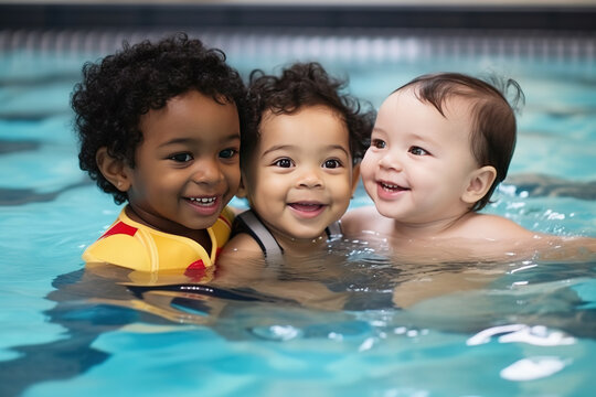 Diverse young children enjoying swimming lessons in pool, learning water safety skills, joyful activity,