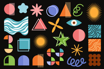Brutalist set of abstract shapes in flat style. Vintage design collection. Set of abstract retro geometric shapes figure, flower, sun, square, lines. Vector illustration isolated.