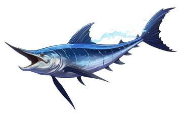 Detailed illustration of a blue marlin swordfish jumping out of the ocean isolated on a white background