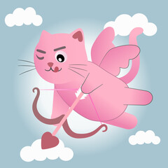 Kawaii pink cat cupid character with a bow and wings, flying and aiming his arrow in the sky. Valentine's Day greeting card.