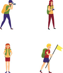 Hiking icons set cartoon vector. People with backpack go hiking. Outdoor activity concept