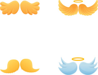 Angel symbol icons set cartoon vector. Various pair of wing with golden halo. Holy flying angelic element