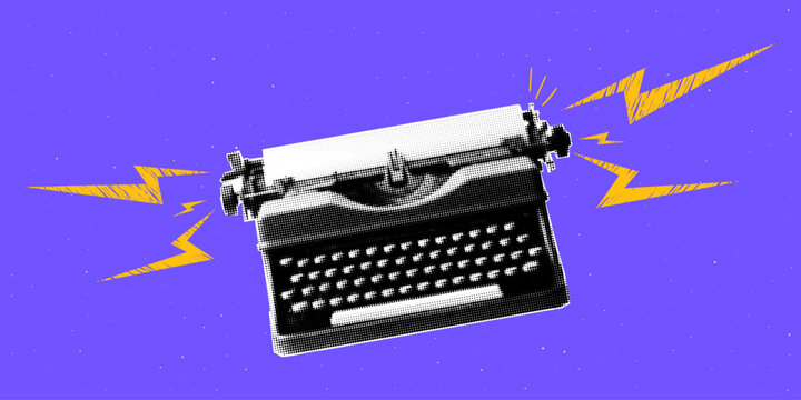 Trendy typewriter collage. Doodle grunge lightning bolts. Contemporary vector illustration.