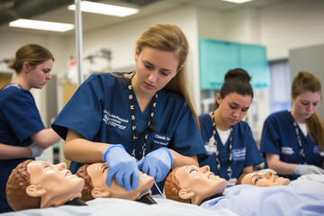 a group of student nurses immersed in training at college, medical colleagues - obrazy, fototapety, plakaty