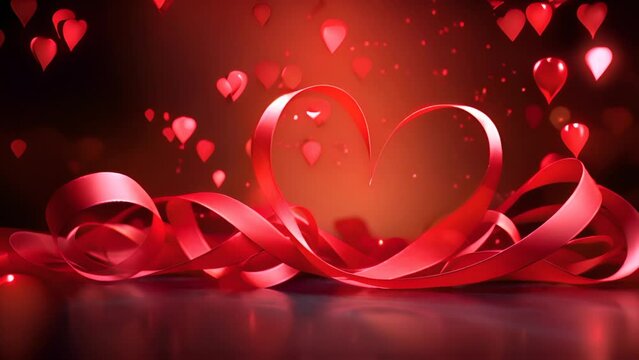 Romantic red ribbon heart on sparkling background. Valentine's Day celebration.