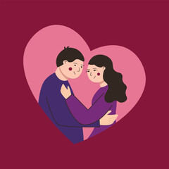 Couple in love hugs and looks into each others eyes with tenderness. Valentines day flat illustration for greeting card, banner, poster
