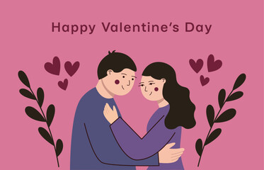 Happy Valentines day design with couple in love. Greeting card, banner, poster concept