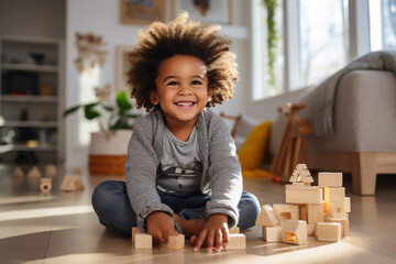 A young African American toddler playing with wooden block toys indoors