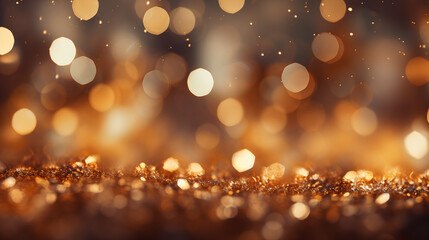Fototapeta na wymiar Festive abstract golden background with bokeh defocused glitter lights. Glinting gold specks and radiant hues. Christmas and New Year concept.