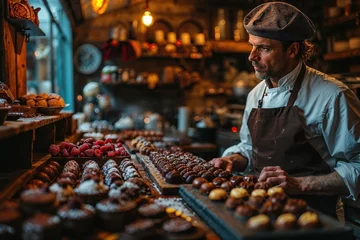 Fotobehang portrait d'un artisan confiseur chocolatier au travail dans sa boutique en train de préparer ses chocolats © Sébastien Jouve