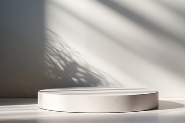 Minimalist circular podium with marble texture, illuminated by natural light and leafy shadows, ideal for product display