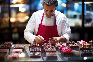 portrait d'un artisan confiseur chocolatier au travail dans sa boutique en train de préparer ses chocolats - obrazy, fototapety, plakaty