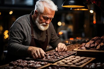 portrait d'un artisan confiseur chocolatier au travail dans sa boutique en train de préparer ses chocolats - obrazy, fototapety, plakaty