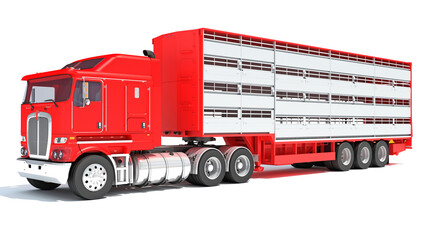 Truck with Cattle Animal Transporter Trailer 3D rendering on white background