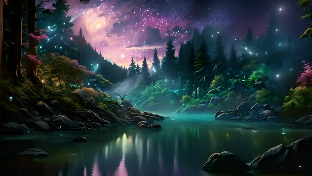Enchanted forest landscape with tranquil river and vibrant night sky. Fantasy artwork.