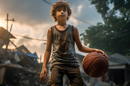 A young boy practices his basketball skills, aiming for the basket. His determination underscores the joy of the sport and the thrill of achievement.