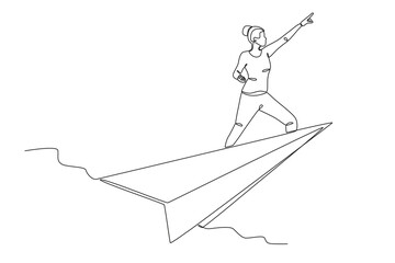 A woman boarded a paper plane. Paper plane one-line drawing