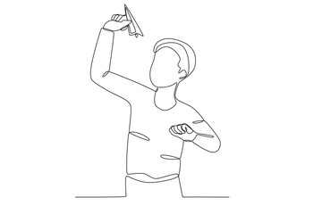 A boy playing paper airplane. Paper plane one-line drawing