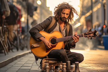 A musician channels his passion and focus into his instrument, enlivening a city street with the raw emotion of his performance