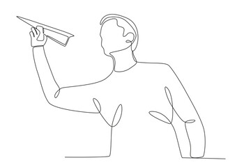 Bottom view of a man playing with a paper airplane. Paper plane one-line drawing