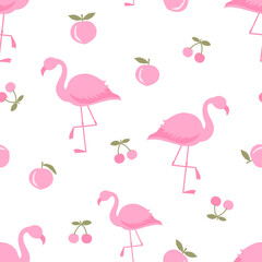 Seamless pattern with flamingo, cherry and pink peach fruit on white background vector.