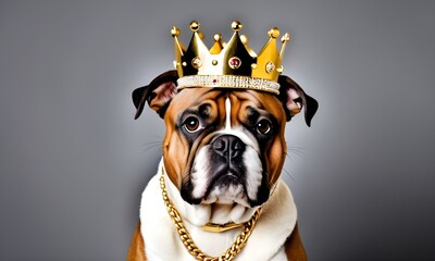 Portrait of a boxer dog wearing a golden crown on grey background