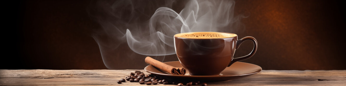 A cup of coffee on a table with kritsa sticks standing on a wooden table, panoramic image.