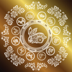 Greeting card with golden hare rabbit in ethno-boho style flowers and vector illustration eps 10