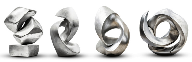 Collection of Contemporary Abstract Decor Sculptures in Chrome Cement and Stone Isolated on a Transparent Background