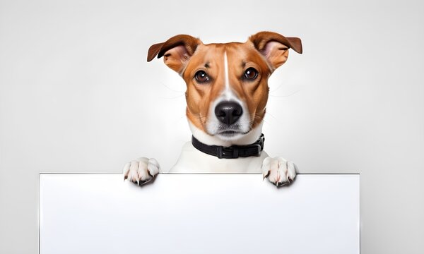 Jack russell terrier dog with blank sign on white background