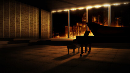 Piano virtual set, studio background with a grand piano. City music stage, with a golden, 3D illustration aesthetic. A backdrop in 4k, ideal for TV shows, events or online broadcasts - obrazy, fototapety, plakaty