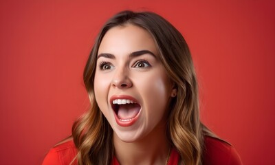 Portrait of a beautiful young woman on a red background. Emotions.