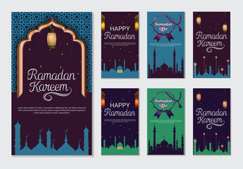Ramadan Mubarak Instagram post with white Text, Artwork and Dark Blue Background.