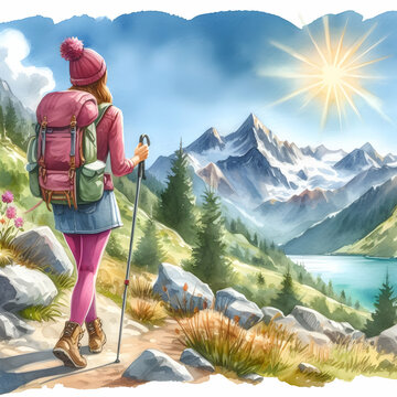 A hiker admires the breathtaking mountain view. The serene landscape encapsulates the spirit of adventure and freedom.