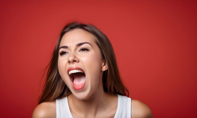 Portrait of a beautiful young woman screaming on a red background.