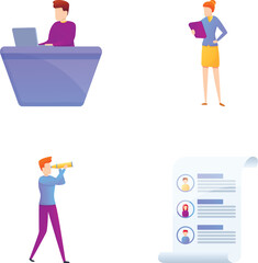 Job application icons set cartoon vector. Recruitment specialist and cv document. Personnel selection, employment