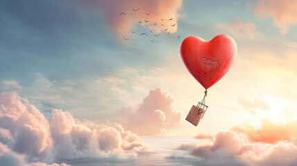 A love letter tied to a balloon soaring in the sky - obrazy, fototapety, plakaty