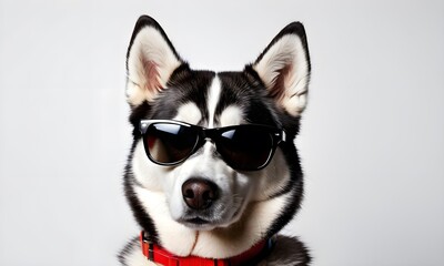 Siberian Husky dog in sunglasses isolated on white background.