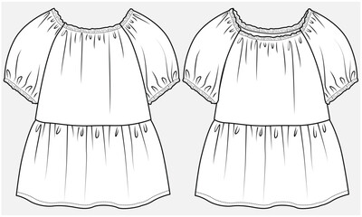 BALLON SLEEVES OFF SHOULDER TOP WITH PEPLUM DETAIL DESIGNED FOR TEEN AND KID GIRLS IN VECTOR ILLUSTRATION FILE