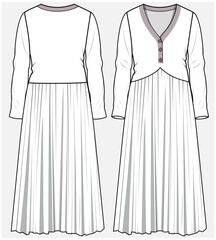 SWEET HEART NECKLINE FRONT BUTTONED KNIT DRESS WITH LONG SLEEVES AND PERMANENT PLEAT SKIRT DESIGNED FOR WOMEN AND YOUNG WOMEN  IN VECTOR ILLUSTRATION FILE