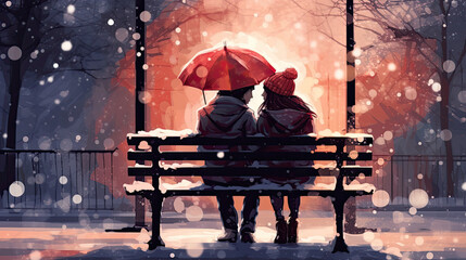 A photo of a couple sitting on a park bench, bundled up in a blanket, while snow falls around them in the shape of hearts - obrazy, fototapety, plakaty