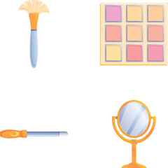 Makeup equipment icons set cartoon vector. Brush, eye shadow and makeup mirror. Colorful make up kit