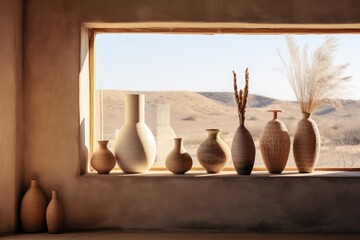 Ceramic vases on window sill in room. Interior design. Still Life.
