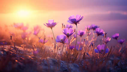 A group of purple flowers in a meadow field with the sunlight at sunset. Mothers day concept. - obrazy, fototapety, plakaty