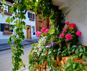 Fototapeta na wymiar rustic alpine Bavarian farmhouse with a traditional pile of firewood and colorful flowers in the Bavarian alpine village Schwangau in the German Alps, Bavaria, Germany