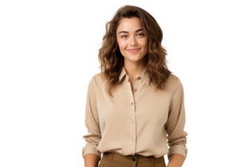Charming single girl Self-confident, working people, smiling, in a good mood, wearing beige office shirts. on a transparent background