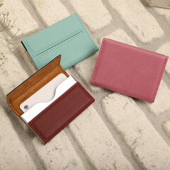 Colored leather business card holder, Genuine leather business card holder, concept shot, top view,...